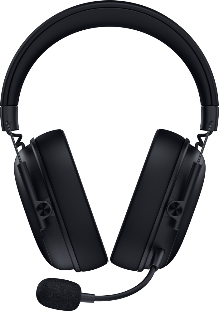 Cuffie nere con microfono. Le cuffie sono over-ear, con fascia imbottita e padiglioni. Un microfono si estende dal padiglione sinistro.