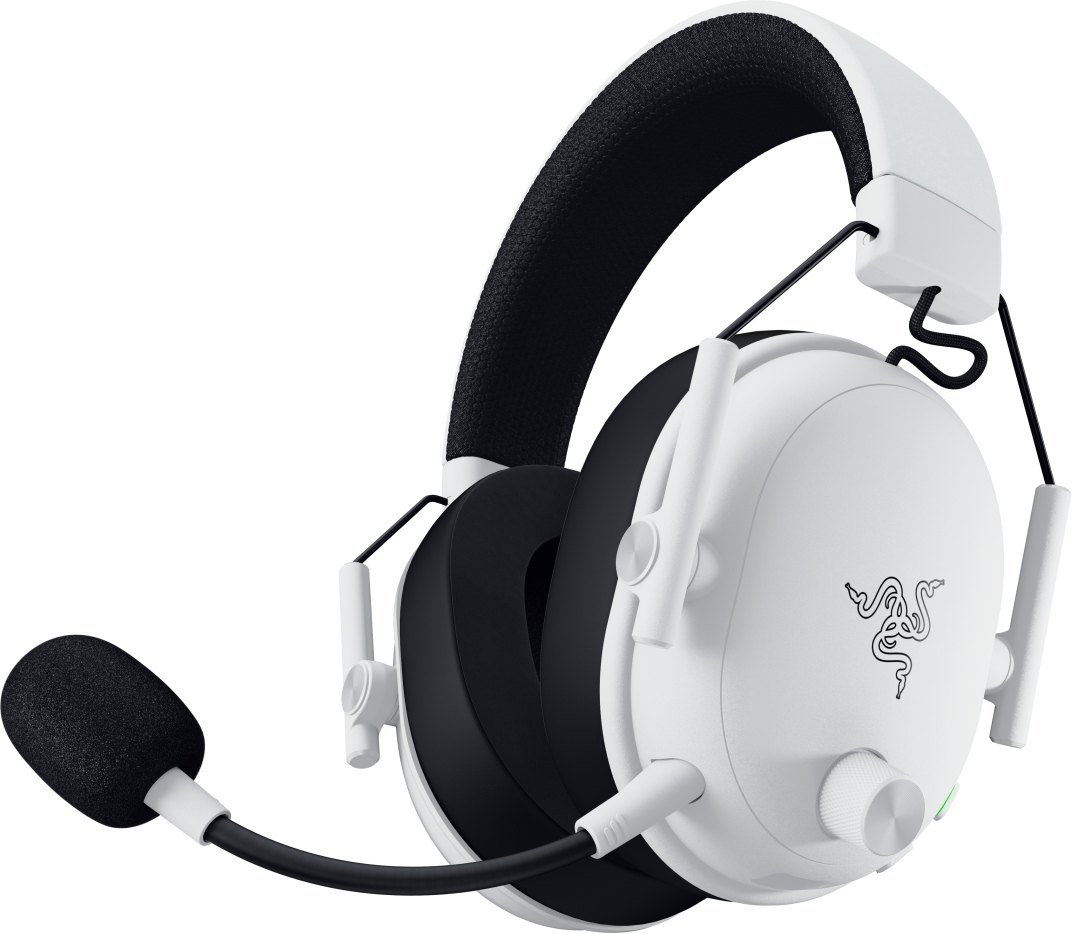 Weißes Gaming-Headset mit schwarzen Akzenten. Mit Mikrofon und Razer-Logo. Das Headset vor weißem Hintergrund.