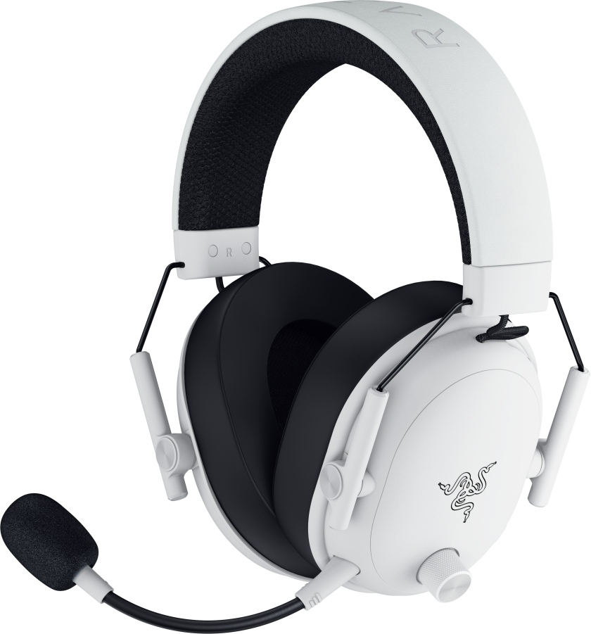 Weißes Razer-Gaming-Headset mit schwarzem Mikrofon, Ohrmuscheln und Akzenten. Das Headset liegt vor weißem Hintergrund.