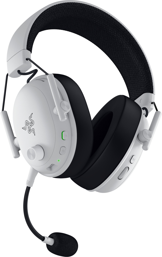 Weißes und schwarzes Gaming-Headset. Verfügt über ein Mikrofon, Ohrmuscheln und ein verstellbares Kopfband. Das Razer-Logo ist sichtbar.
