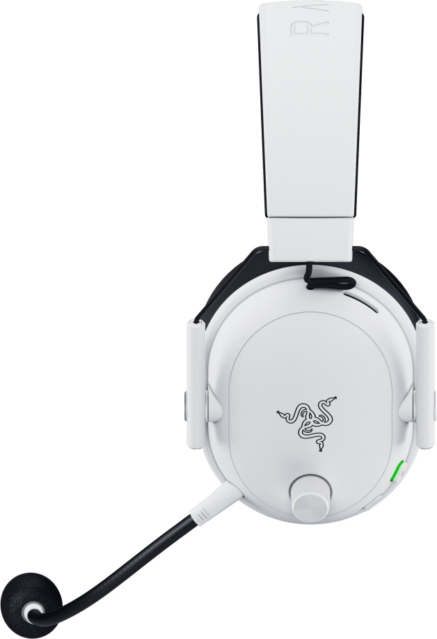 Weißes Razer Gaming-Headset mit schwarzen Akzenten und einem schwarzen Mikrofon. Razer-Logo auf der Ohrmuschel.