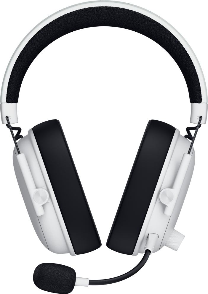 Weißes und schwarzes Gaming-Headset. Verfügt über ein schwarzes Mikrofon, Ohrmuscheln und Kopfbandpolsterung. Weißer Rahmen und Details.