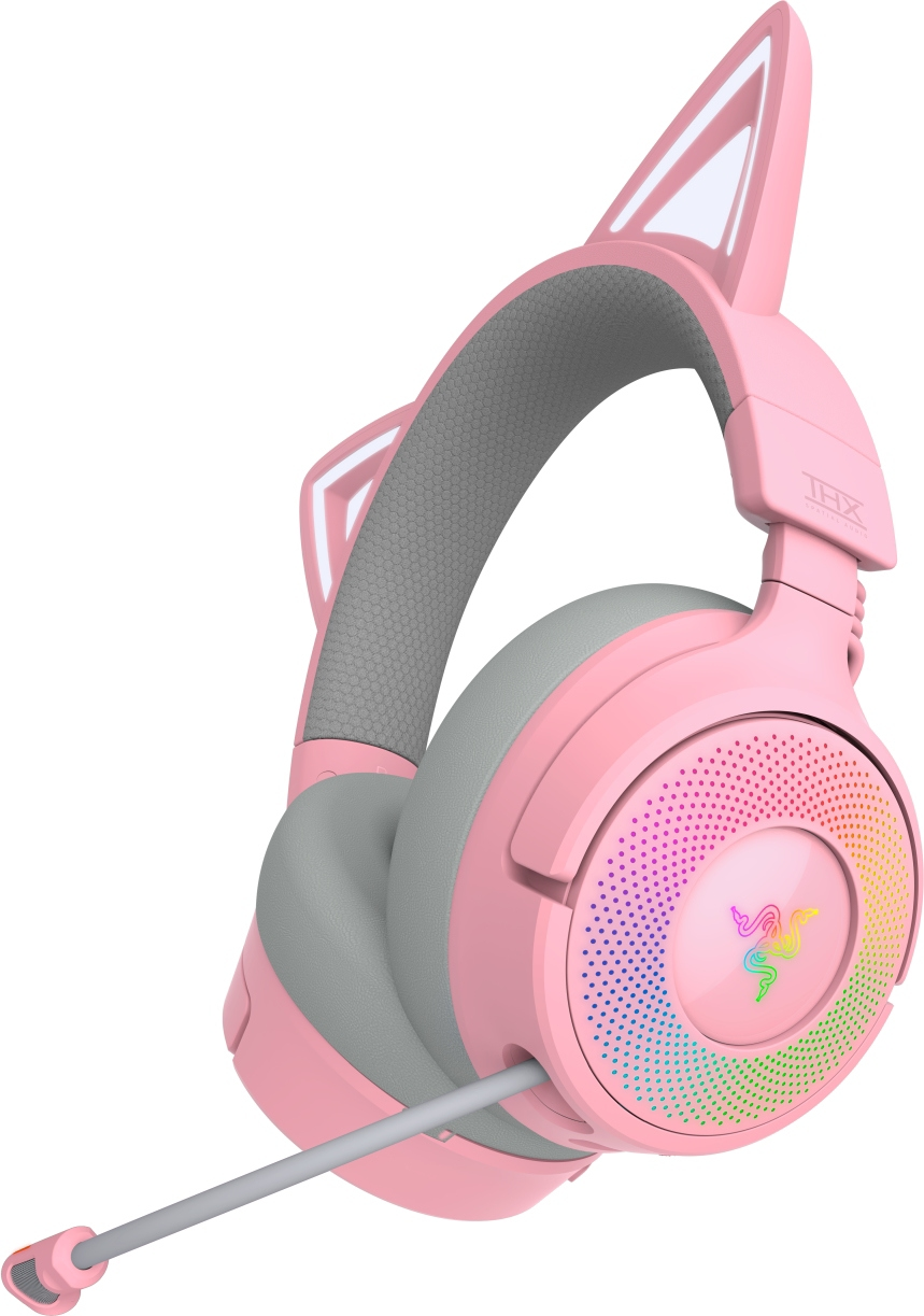 Rosa Katzenohrkopfhörer mit grauem Kopfband und Ohrpolstern. Das Razer-Logo befindet sich an der Seite, mit Mikrofon.