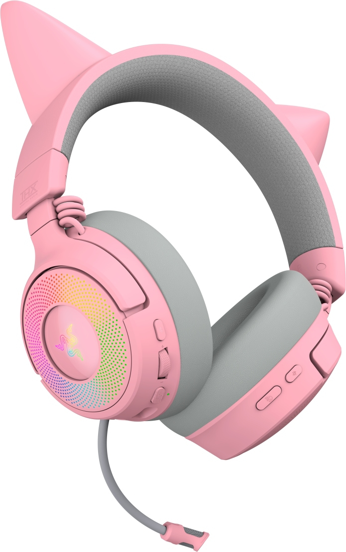 Rosa und graue Katzenohr-Kopfhörer. Die Ohrmuscheln haben Regenbogenlichter. Ein graues Kabel und Mikrofon erstrecken sich.