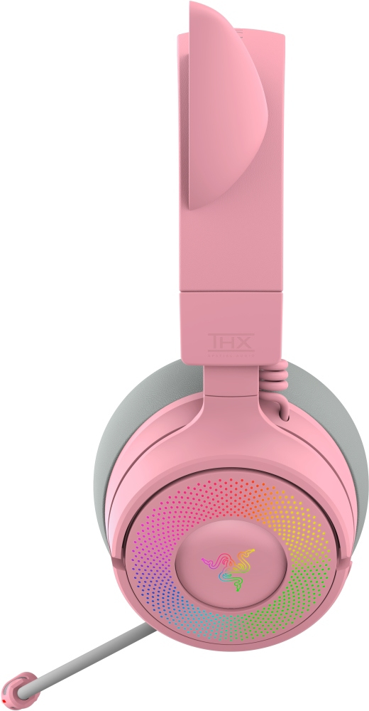 Pinkes Razer-Gaming-Headset mit Regenbogenfarben und Mikrofon auf weißem Hintergrund.