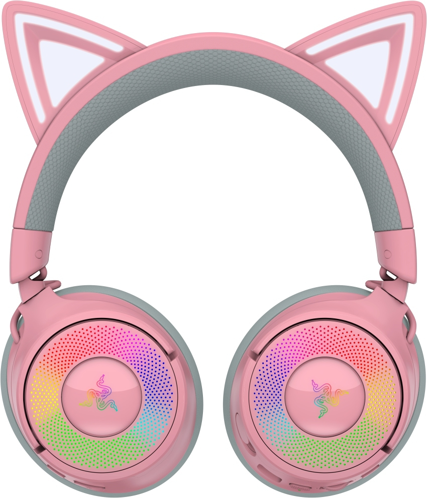 Rosa Katzenohr-Kopfhörer mit Regenbogenlichtern und dem Razer-Logo.