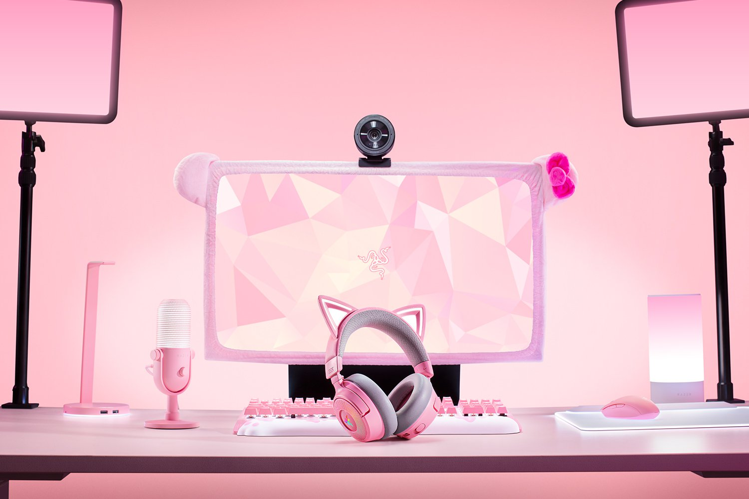 Rosa Gaming-Setup: Monitor, Tastatur, Headset, Mikrofon, Maus, Lichter und eine Kamera. Alles in Rosa auf einem rosa Schreibtisch, rosa Hintergrund.