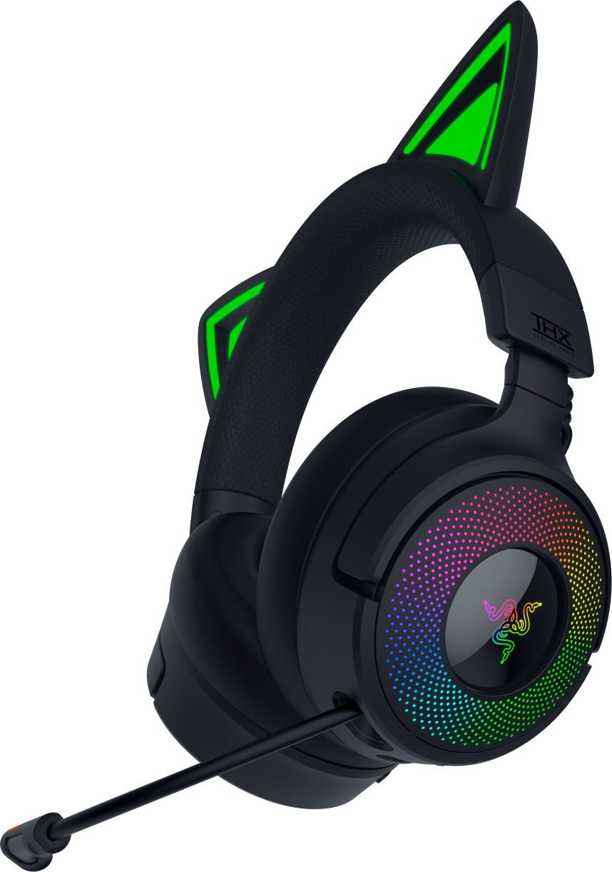 Cuffie da gioco Razer nere con design a orecchie di gatto. I padiglioni hanno luci multicolore e un microfono. Logo THX Spatial Audio visibile.