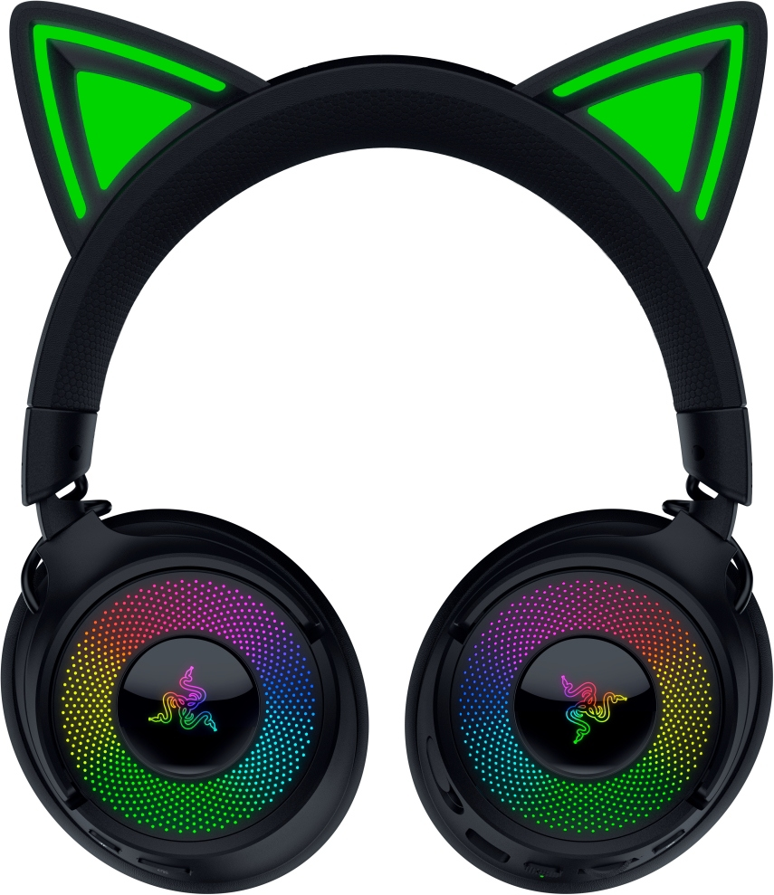 Cuffie nere con orecchie da gatto. I padiglioni auricolari hanno luci arcobaleno e le orecchie da gatto si illuminano di verde. Logo Razer sui padiglioni.
