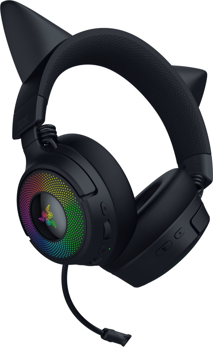 Cuffie da gioco Razer nere con orecchie da gatto, padiglioni colorati e microfono. Dispone di controlli del volume e archetto confortevole.
