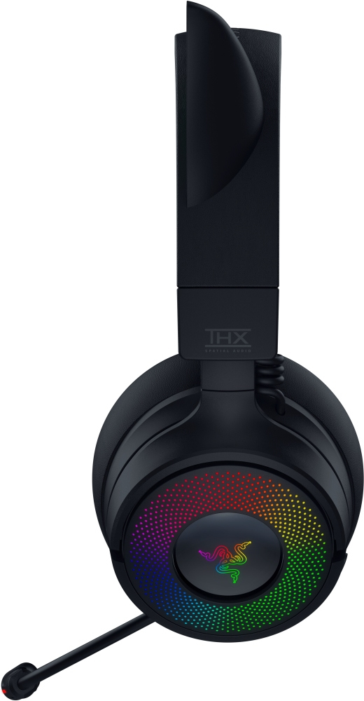 Cuffie da gioco Razer nere con padiglione illuminato arcobaleno e microfono retrattile.