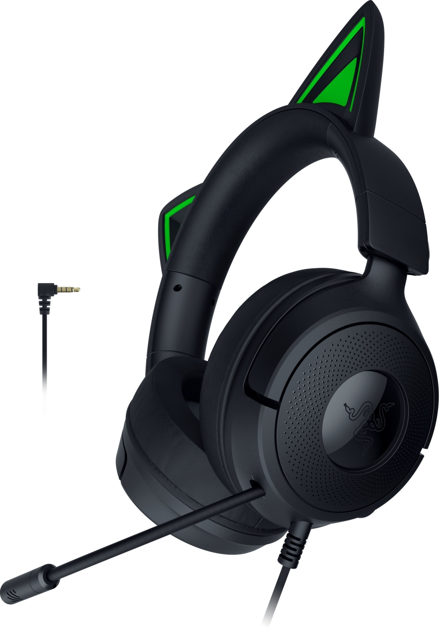Cuffie da gioco nere con orecchie da gatto e dettagli verdi. Un microfono si estende dalla cuffia sinistra. Jack 3.5mm.
