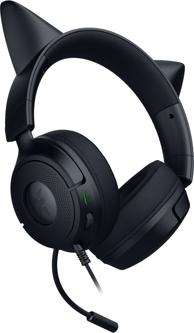 Cuffie da gioco nere con orecchie da gatto. Ha un logo Razer. È collegato un microfono e un controllo del volume.