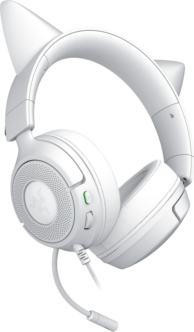 Cuffie bianche con orecchie da gatto e microfono. Hanno padiglioni, archetto e controllo del volume. Il logo Razer è visibile.
