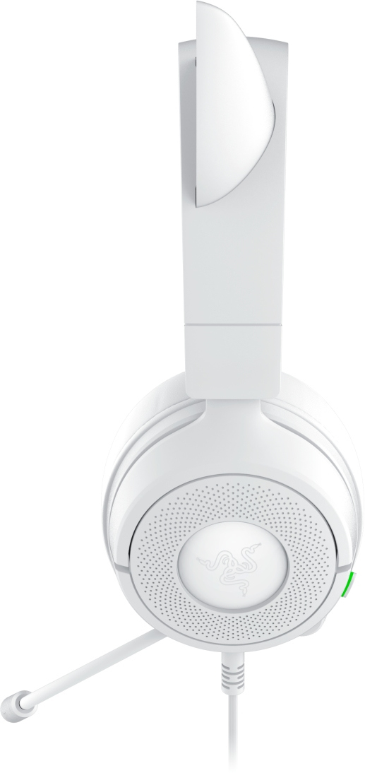 Cuffie da gaming Razer bianche. Caratteristiche: microfono, padiglioni con logo Razer, archetto. Lo sfondo è bianco.
