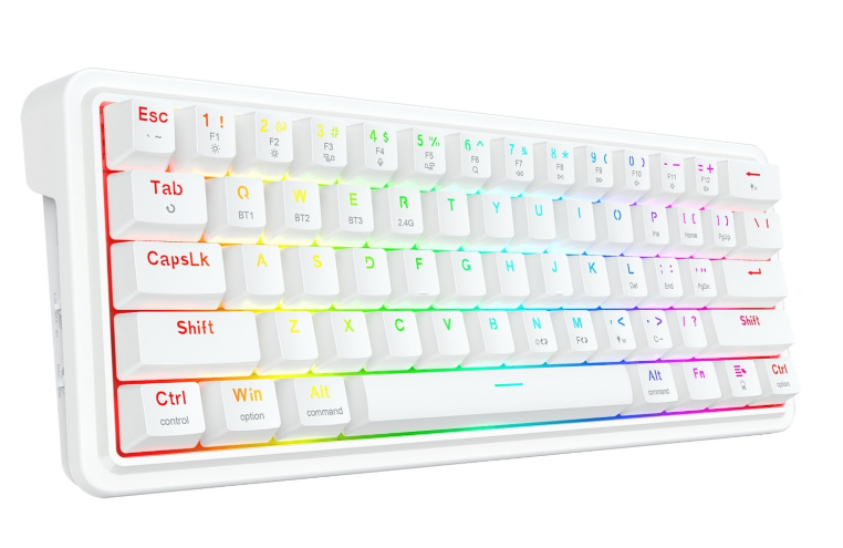 Biała klawiatura mechaniczna z tęczowym podświetleniem. Klawisze są białe z czarnymi literami i symbolami.