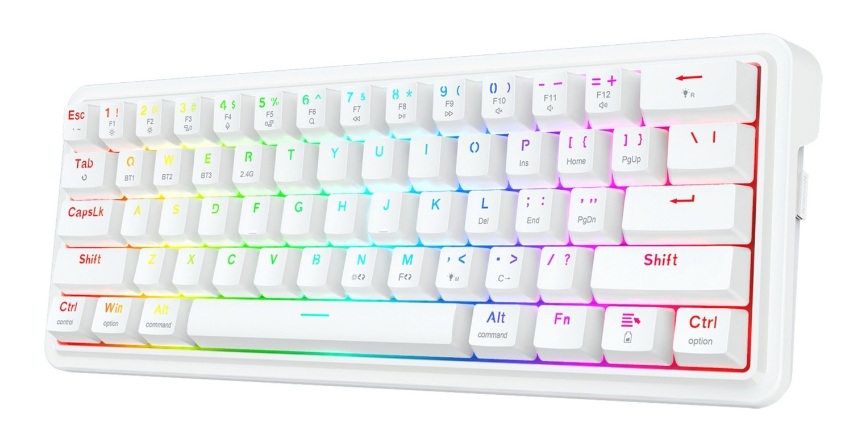 Biała klawiatura mechaniczna z podświetleniem RGB. Klawisze są białe z czarnymi literami. Klawiatura jest pochylona.