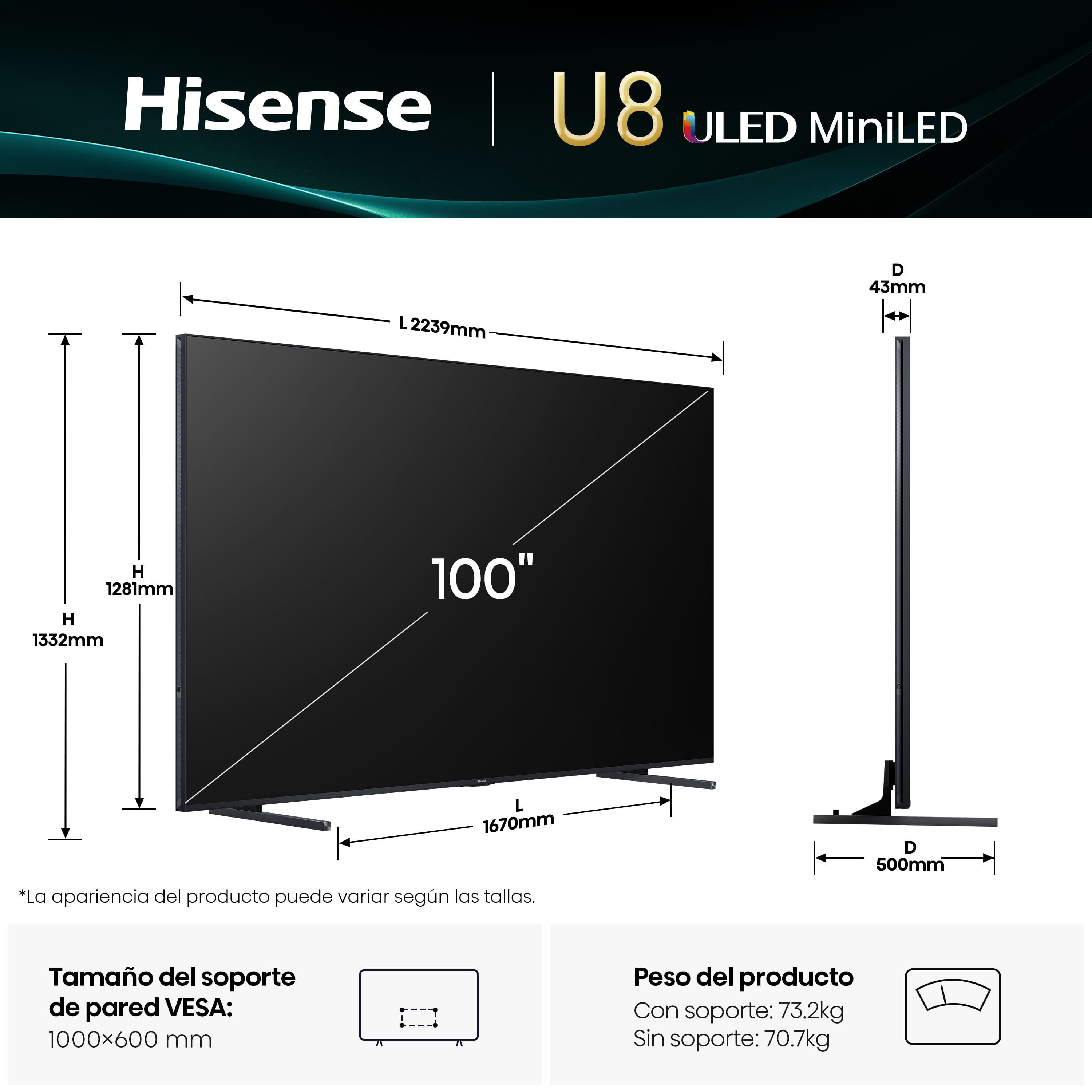Un televisor Hisense U8 ULED MiniLED, con dimensiones, especificaciones y un tamaño de pantalla de 100 pulgadas, se muestra.