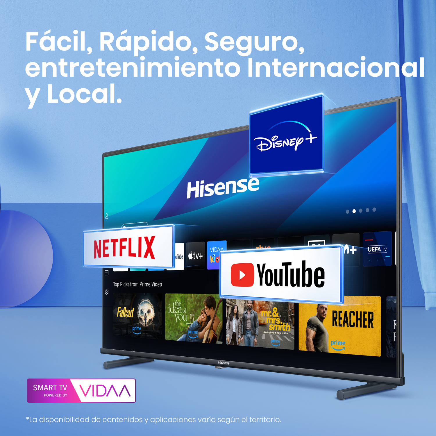 Un Smart TV Hisense muestra aplicaciones de streaming como Netflix, YouTube y Disney+. El texto superior dice 'Entretenimiento fácil, rápido, seguro, internacional y local'.