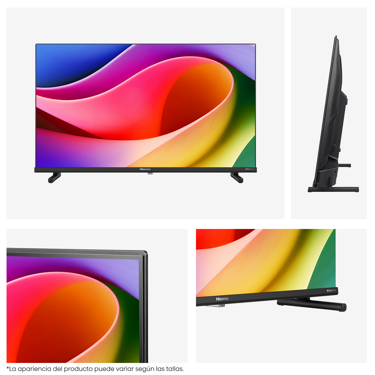 Un televisor Hisense muestra formas abstractas coloridas. El televisor es negro y tiene el logotipo Dolby Atmos.