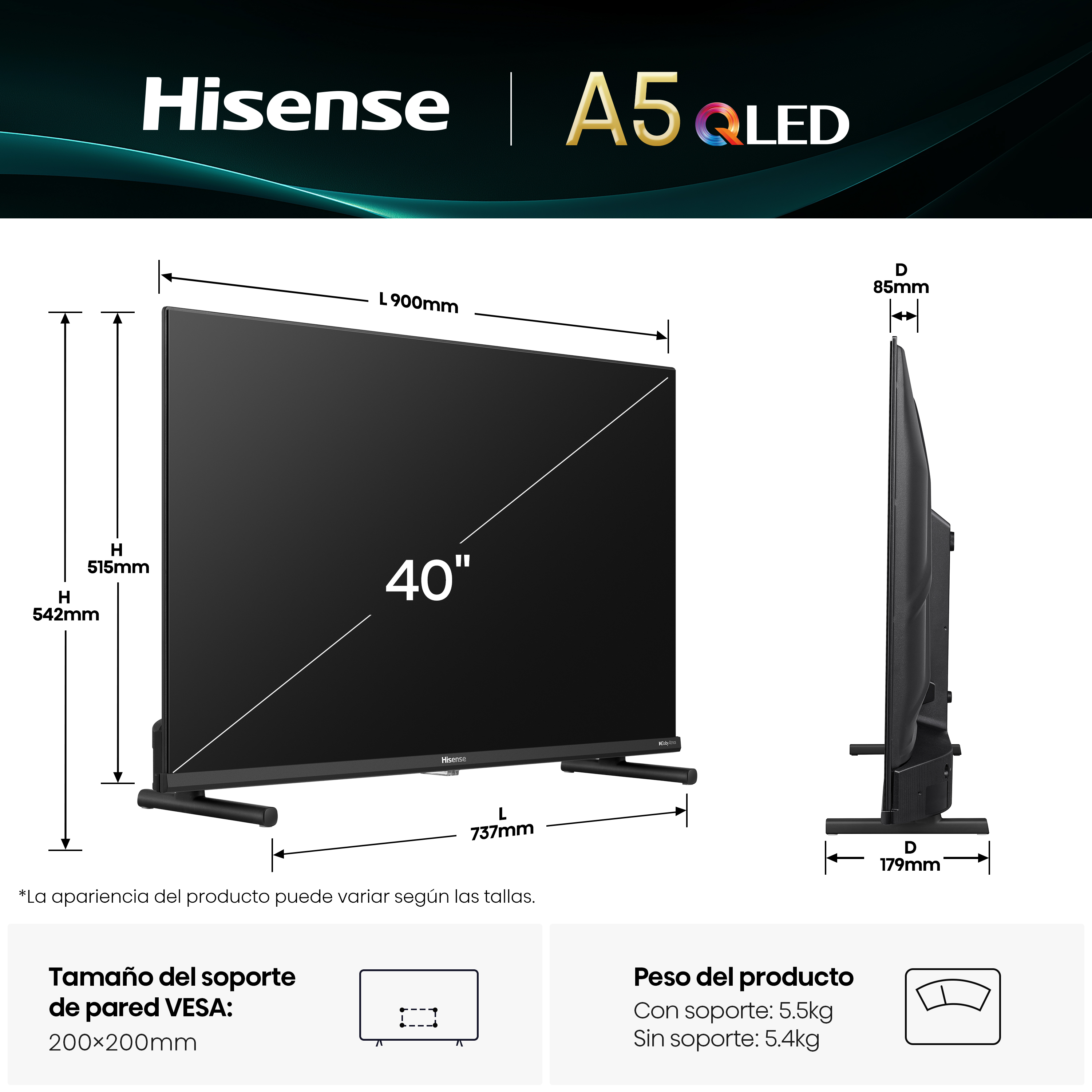 Se muestra un televisor Hisense A5 QLED de 40" con dimensiones. Tiene una pantalla negra y un soporte. Información del producto abajo.