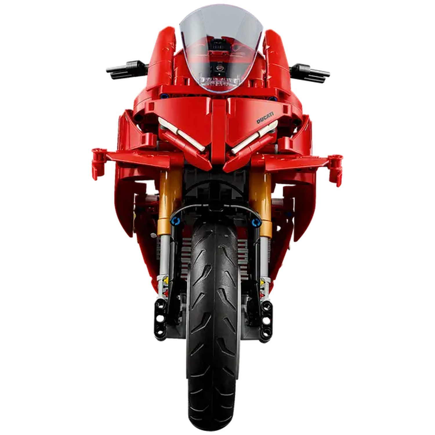 Vue de face d'une moto Ducati rouge. La moto a un pneu noir, un pare-brise transparent et une suspension dorée.