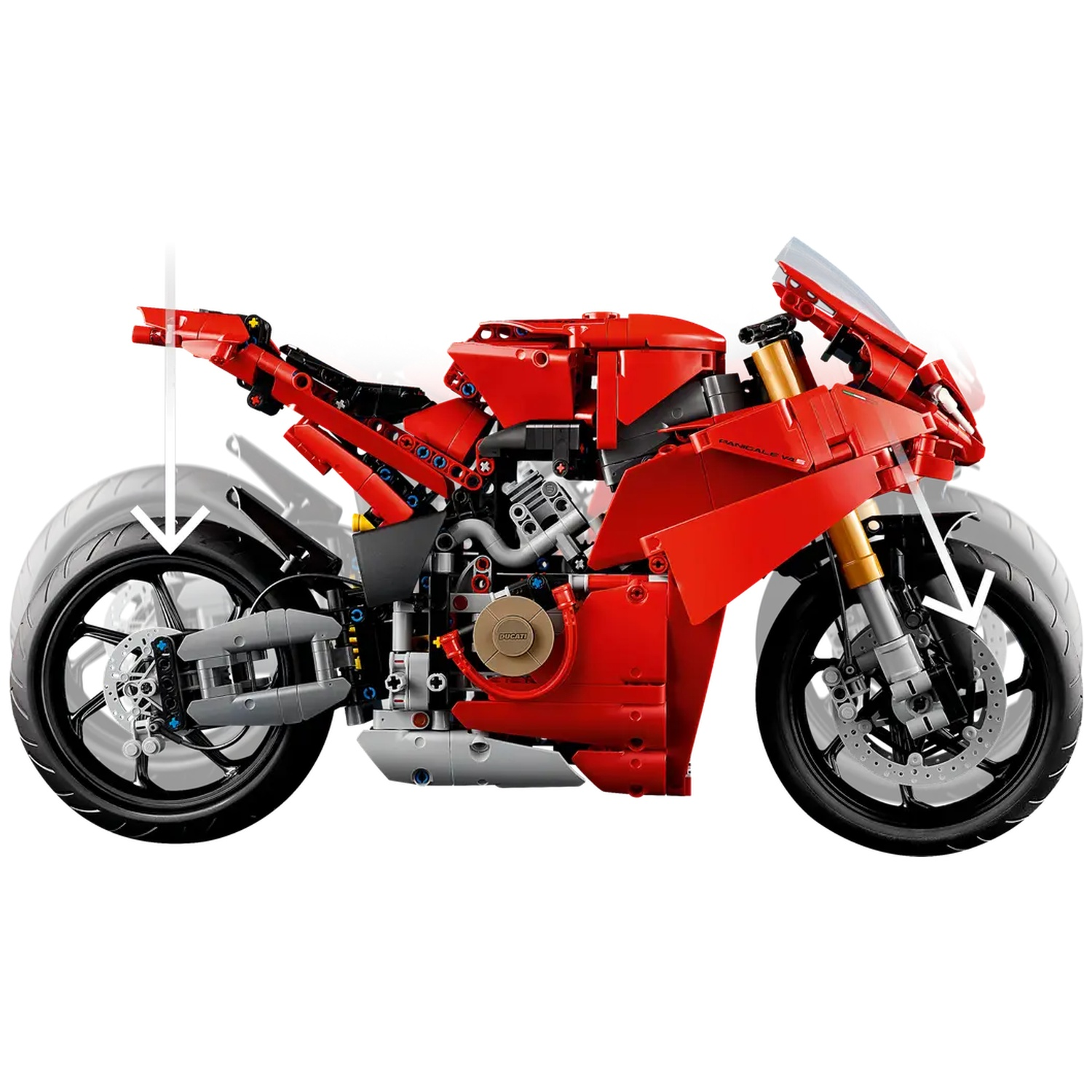 Une moto Lego rouge avec des roues noires et des détails argentés, vue de côté. Le fond est blanc. On dirait une Ducati.