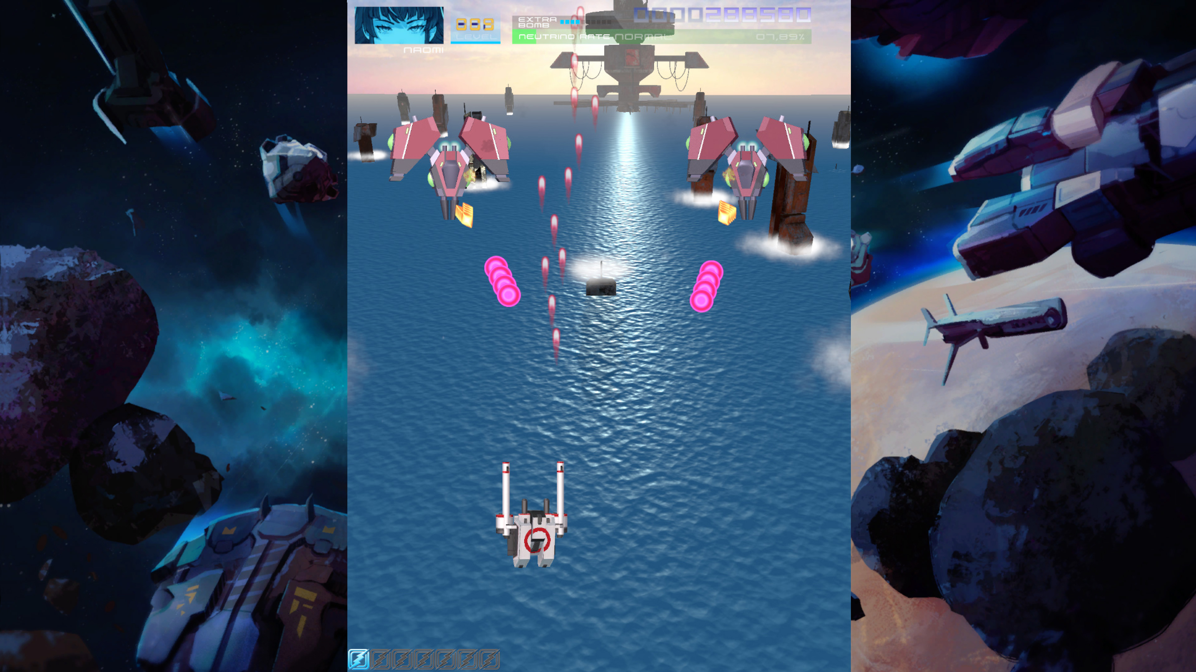 Escena de juego de ciencia ficción. Naves espaciales luchan sobre el agua. Asteroides y planetas al fondo. Balas rosas y explosiones llenan la escena.
