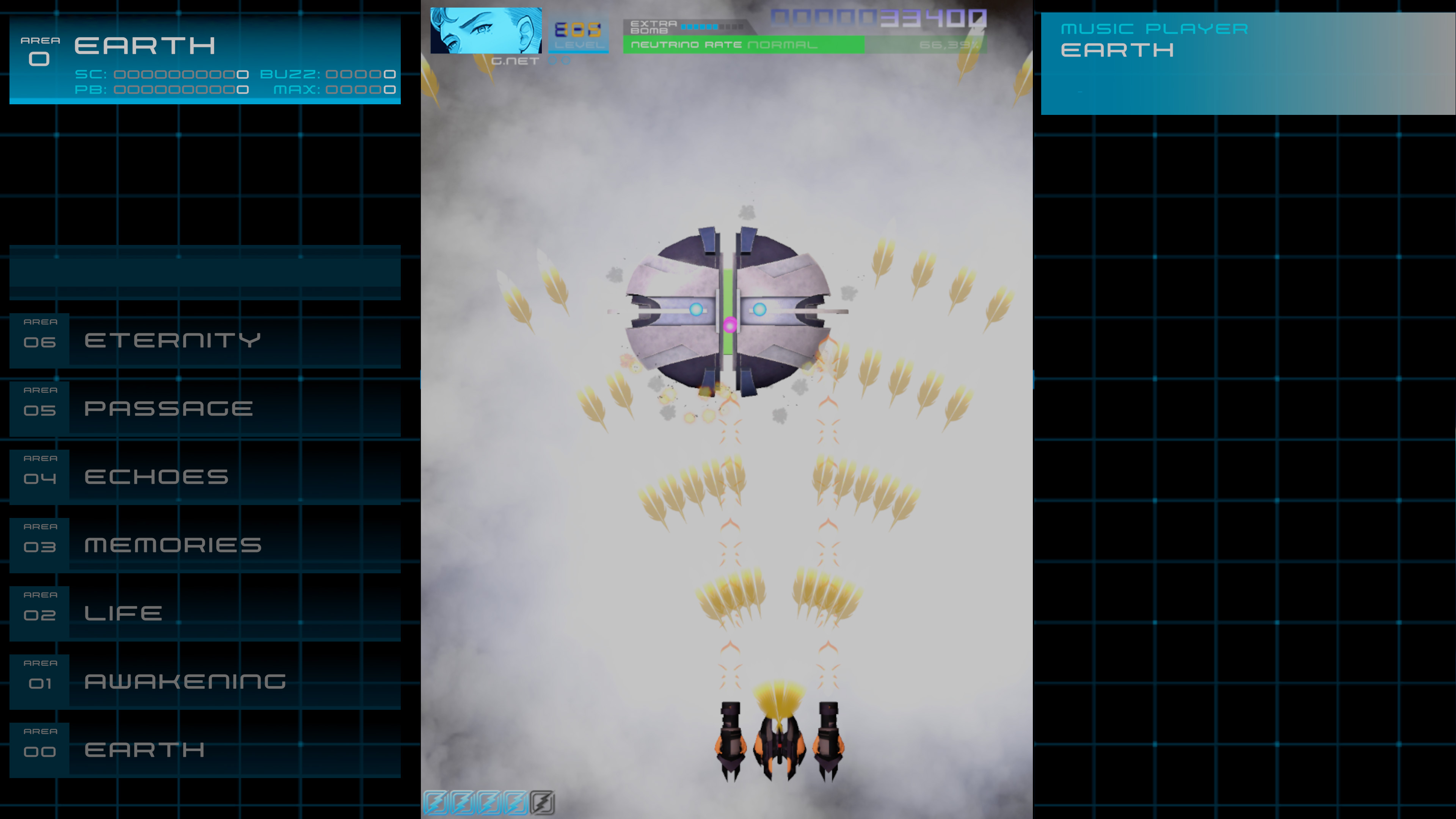 Interfaz de un juego de disparos espacial. Una estructura central está rodeada de proyectiles en forma de pluma. Dos naves disparan.