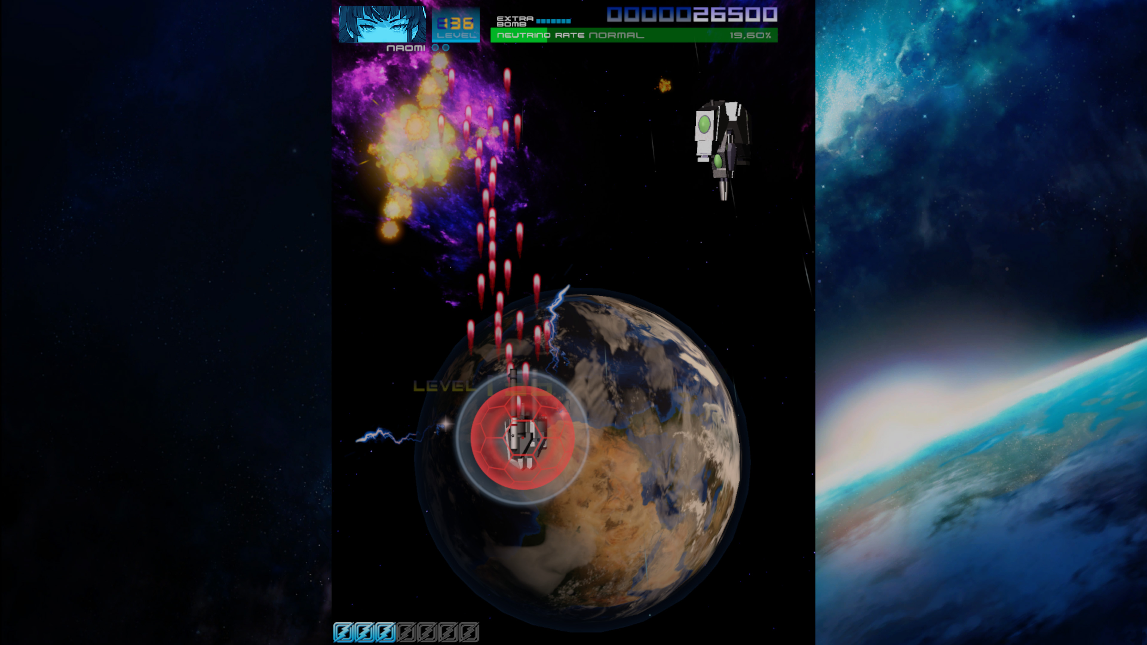 Juego de disparos espaciales. Una nave espacial dispara a un planeta, con explosiones y otros elementos de fondo.