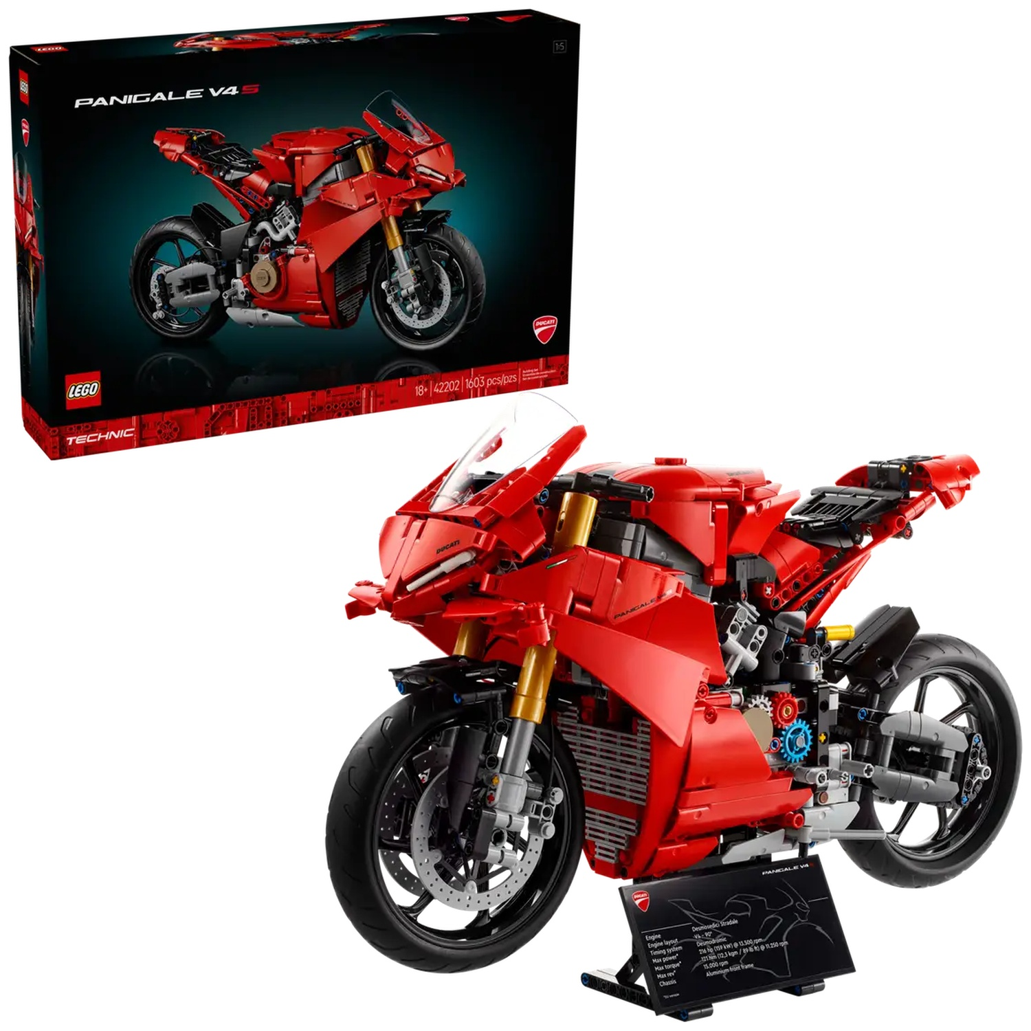 Un modèle de moto Lego Ducati Panigale V4 S rouge. La boîte est à gauche, le modèle assemblé à droite. Détails incluent les roues et le moteur.