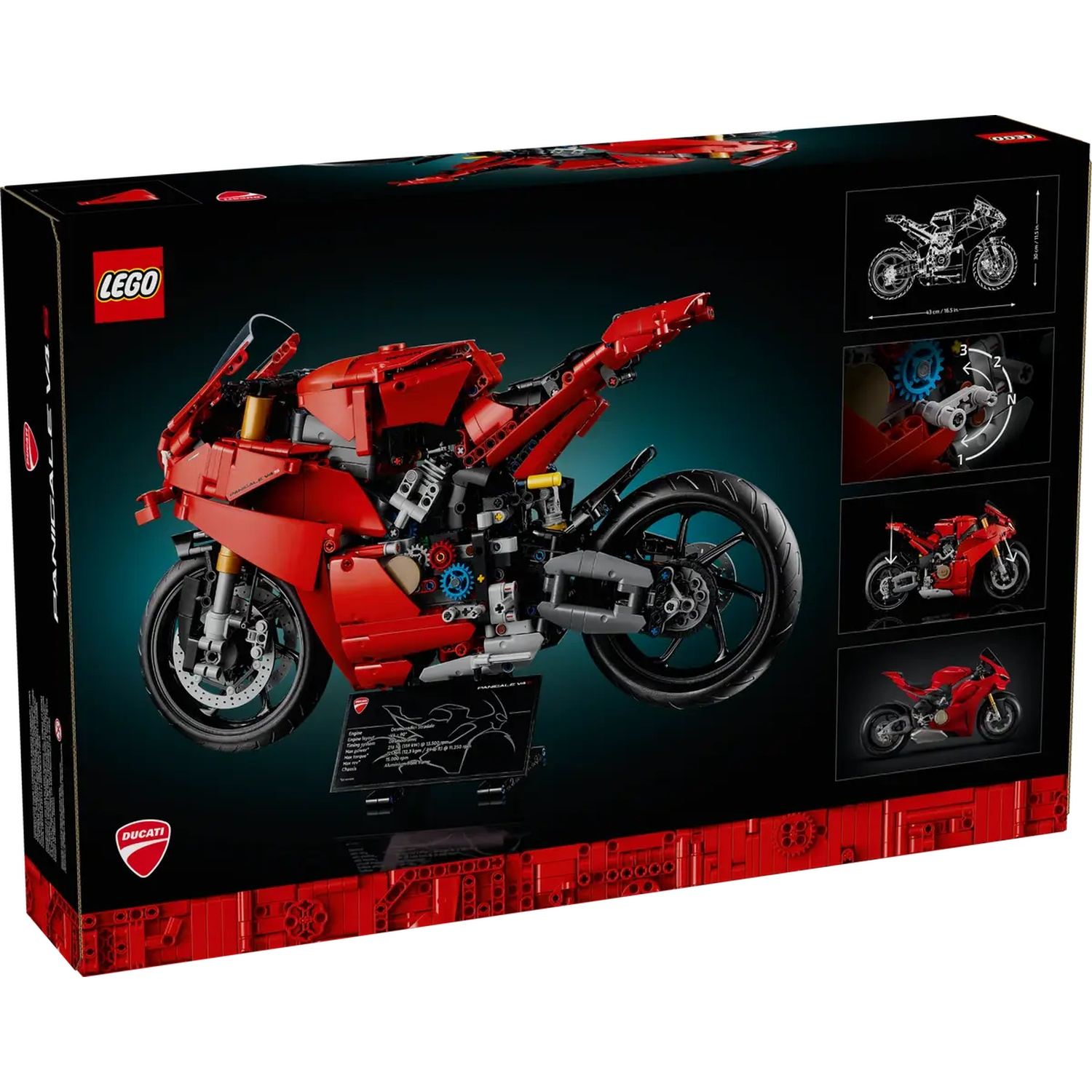 Une boîte de kit de moto Lego Ducati Panigale V4 S. La boîte montre une moto rouge et des détails. Logos : Lego et Ducati.
