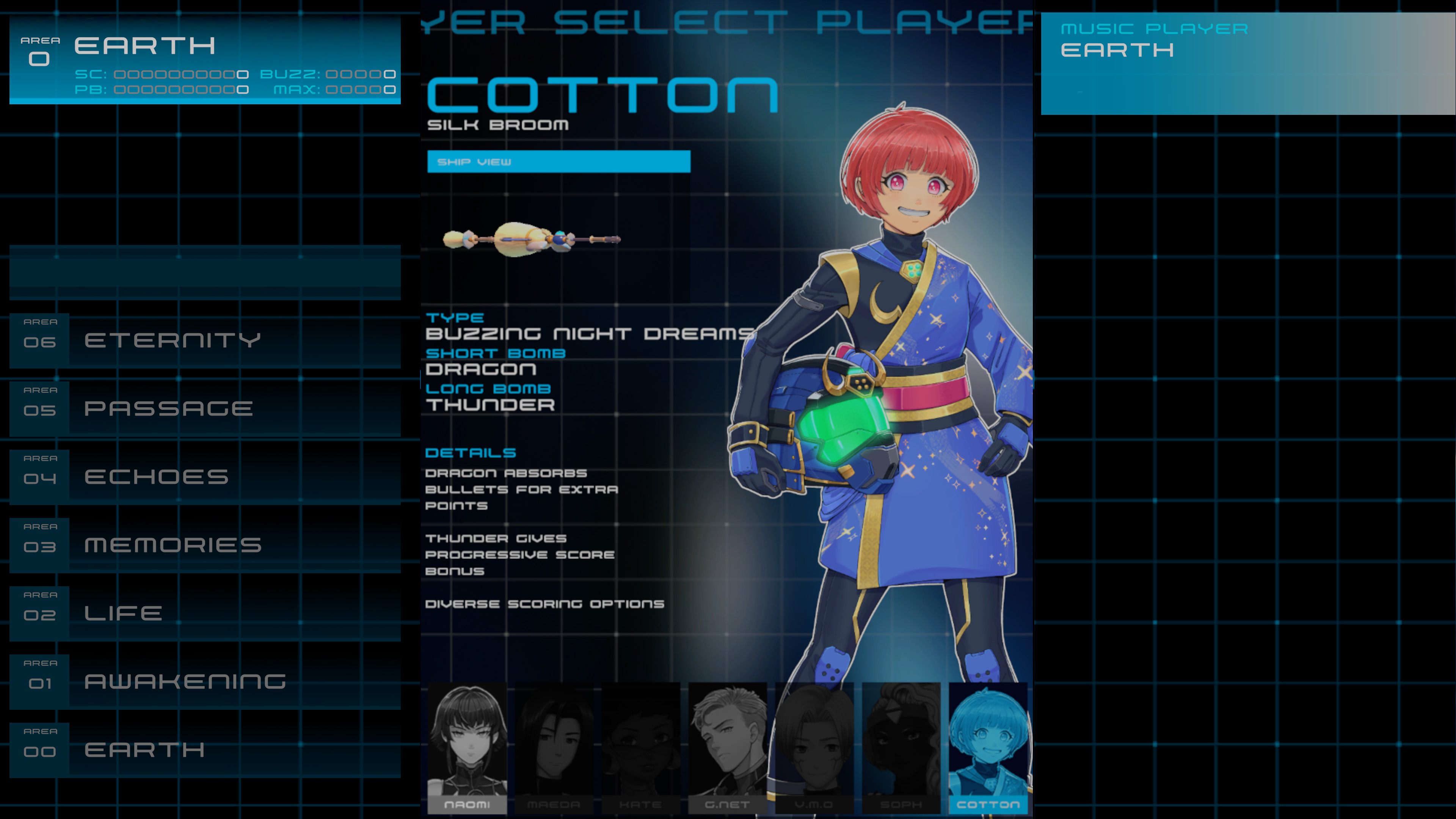 Pantalla de selección de personajes estilo anime. Una chica con un atuendo azul está centrada. Opciones de juego y retratos de personajes visibles.
