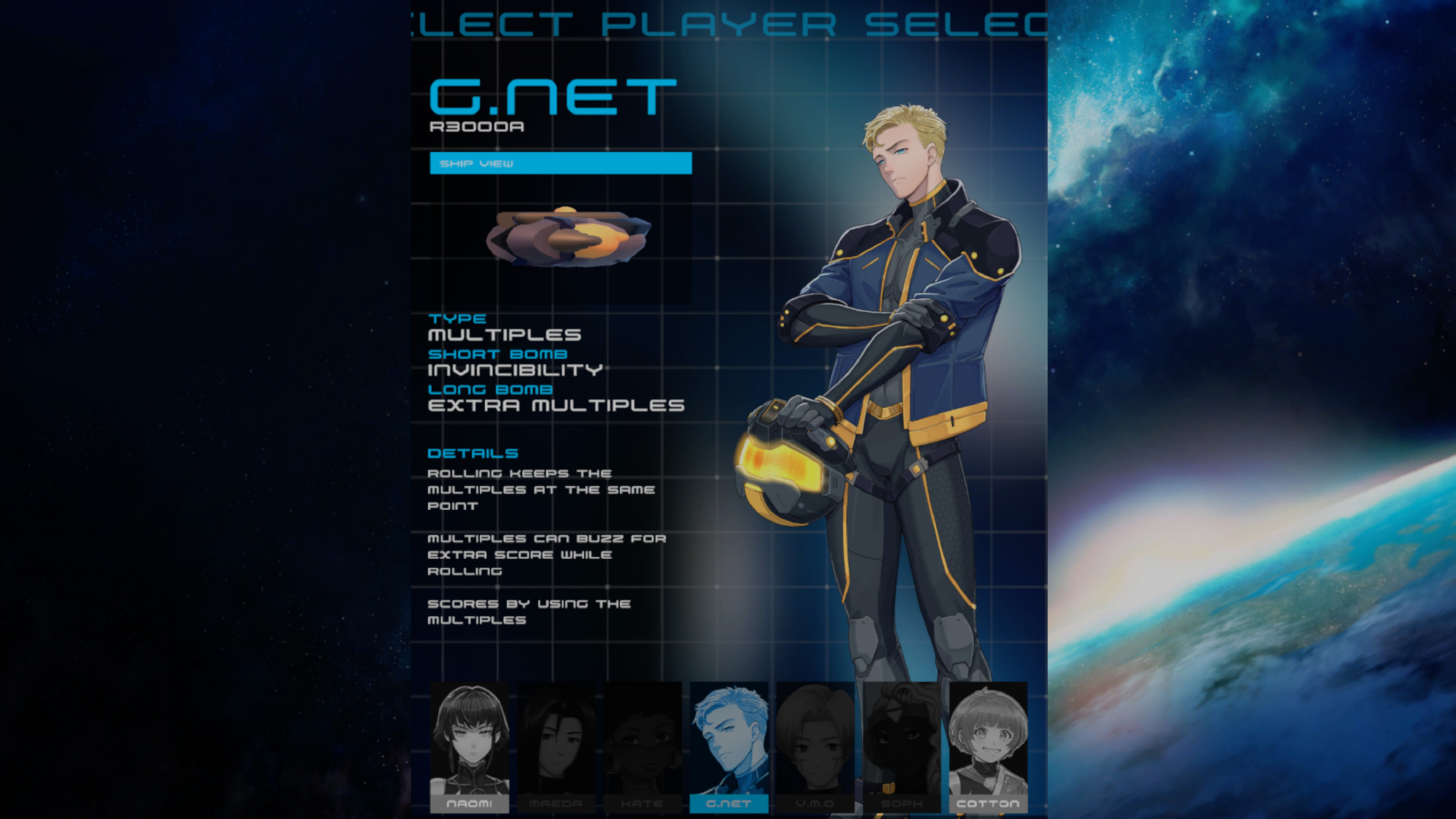 Una pantalla de selección de personajes. Un hombre con una chaqueta azul sostiene un casco. El texto de la izquierda describe las funciones del juego.