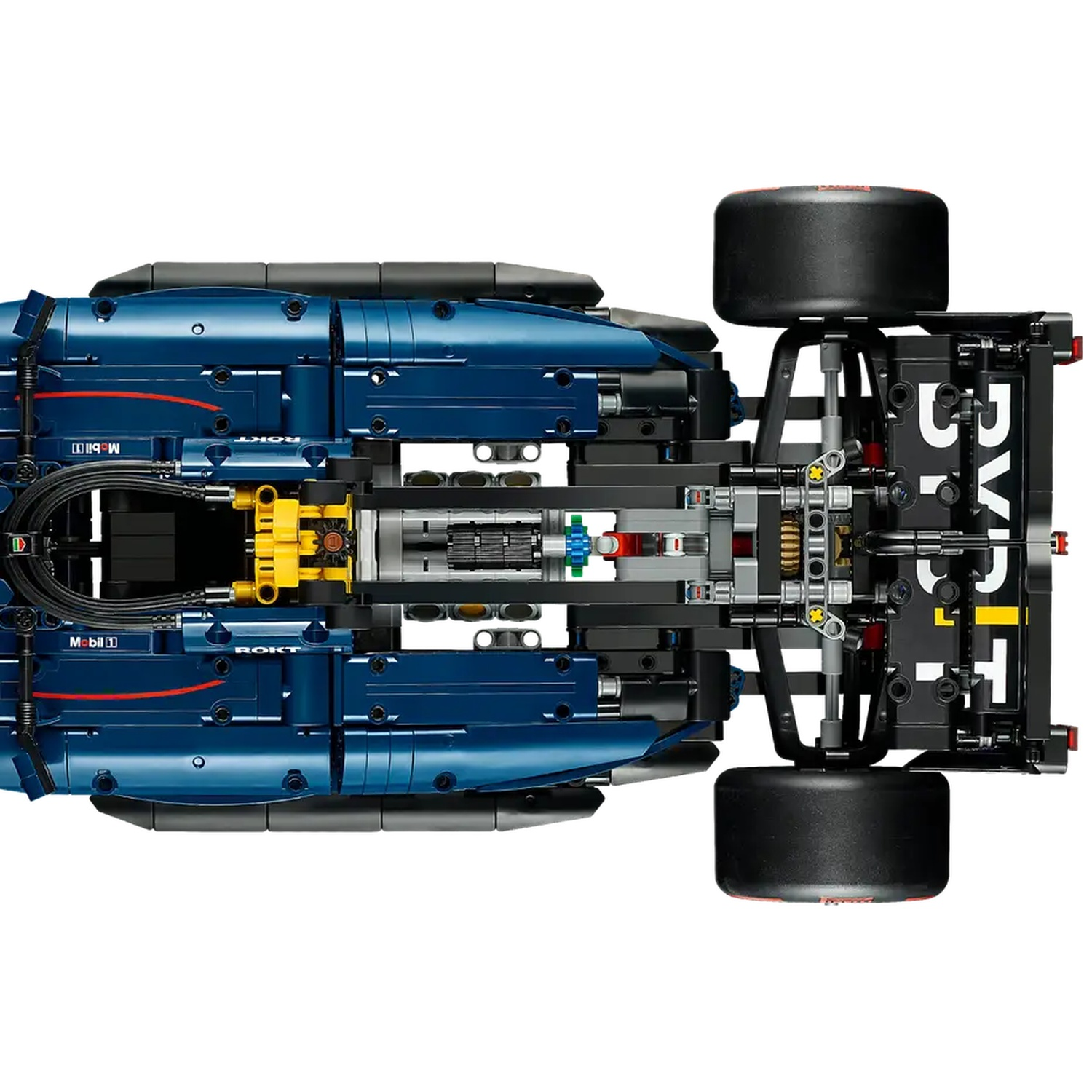 Bovenaanzicht van een blauw en zwart Lego F1-model. Zichtbare details zijn wielen, motor en sponsorlogo's op witte achtergrond.