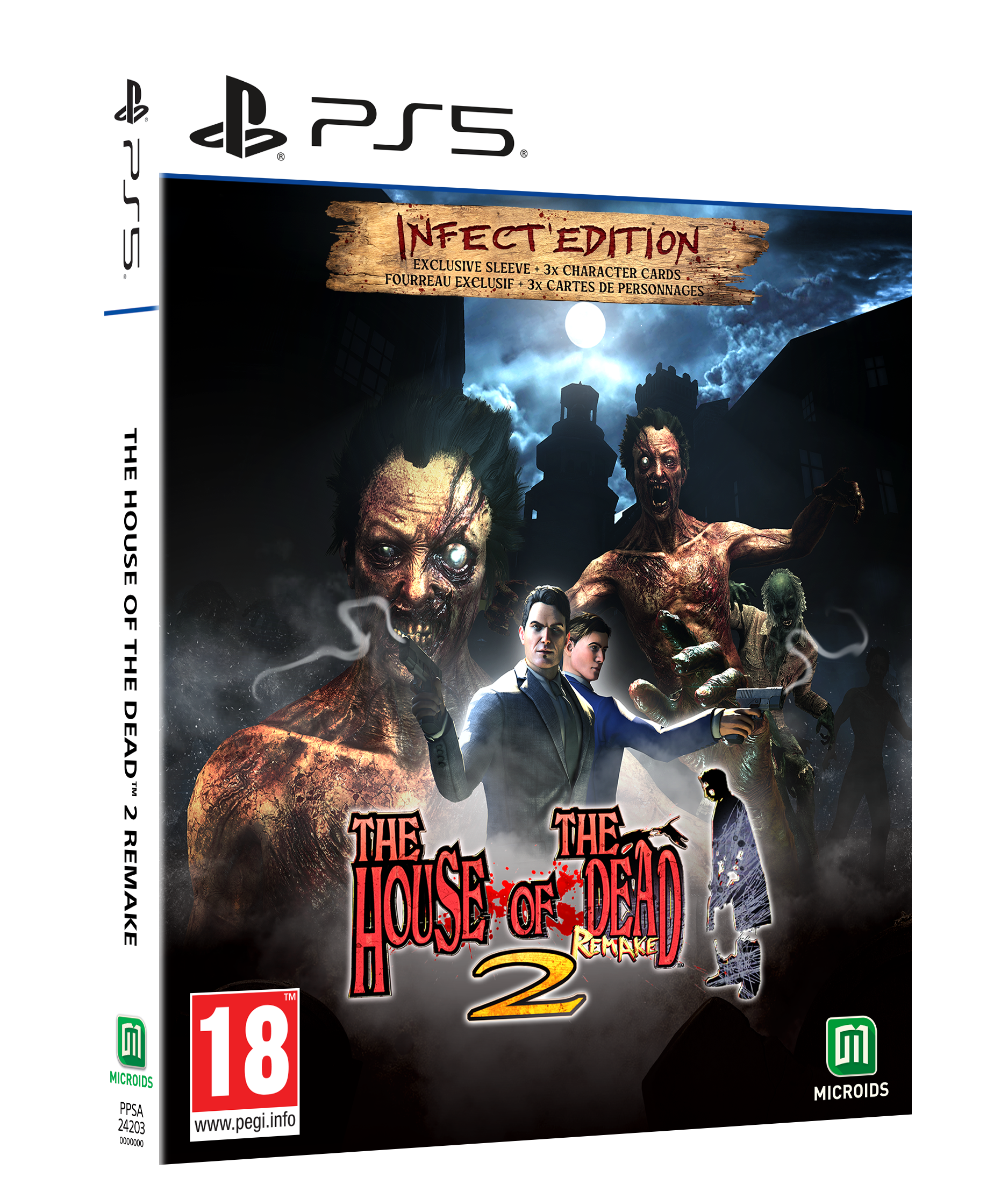Arte de la caja del juego The House of the Dead 2 Remake. Zombis rodean a dos hombres apuntando con un arma. Fondo oscuro y ominoso.