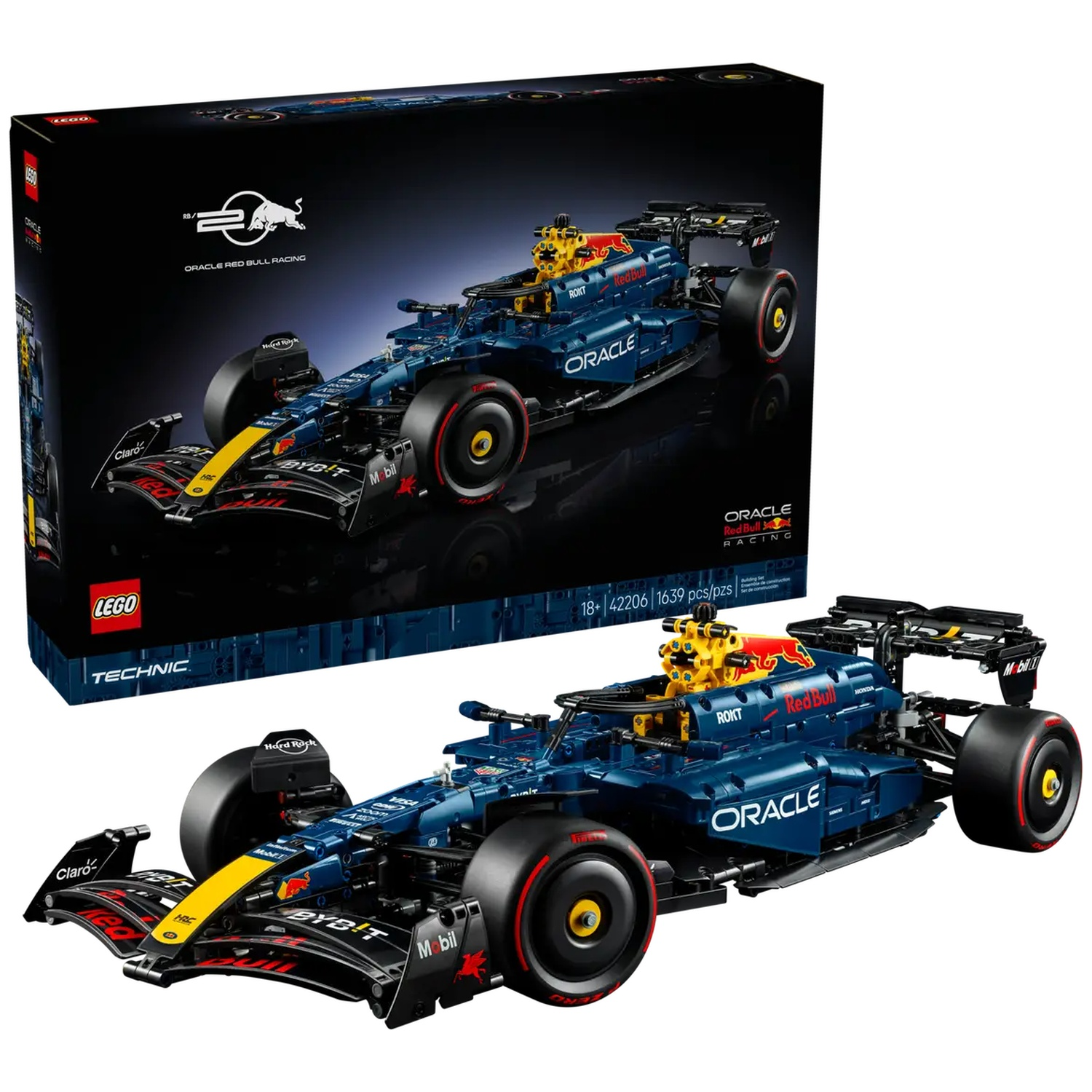 Een Lego Technic Red Bull Racing automodel. Het is blauw met gele en rode accenten. De doos staat op de achtergrond.