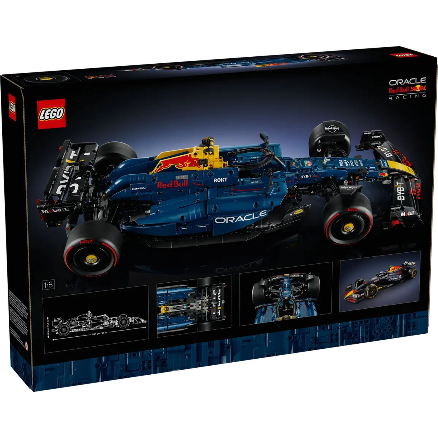 Doos van een Lego Technic Formule 1 auto. De doos is zwart met een afbeelding van de blauw-rode auto en het Lego logo.