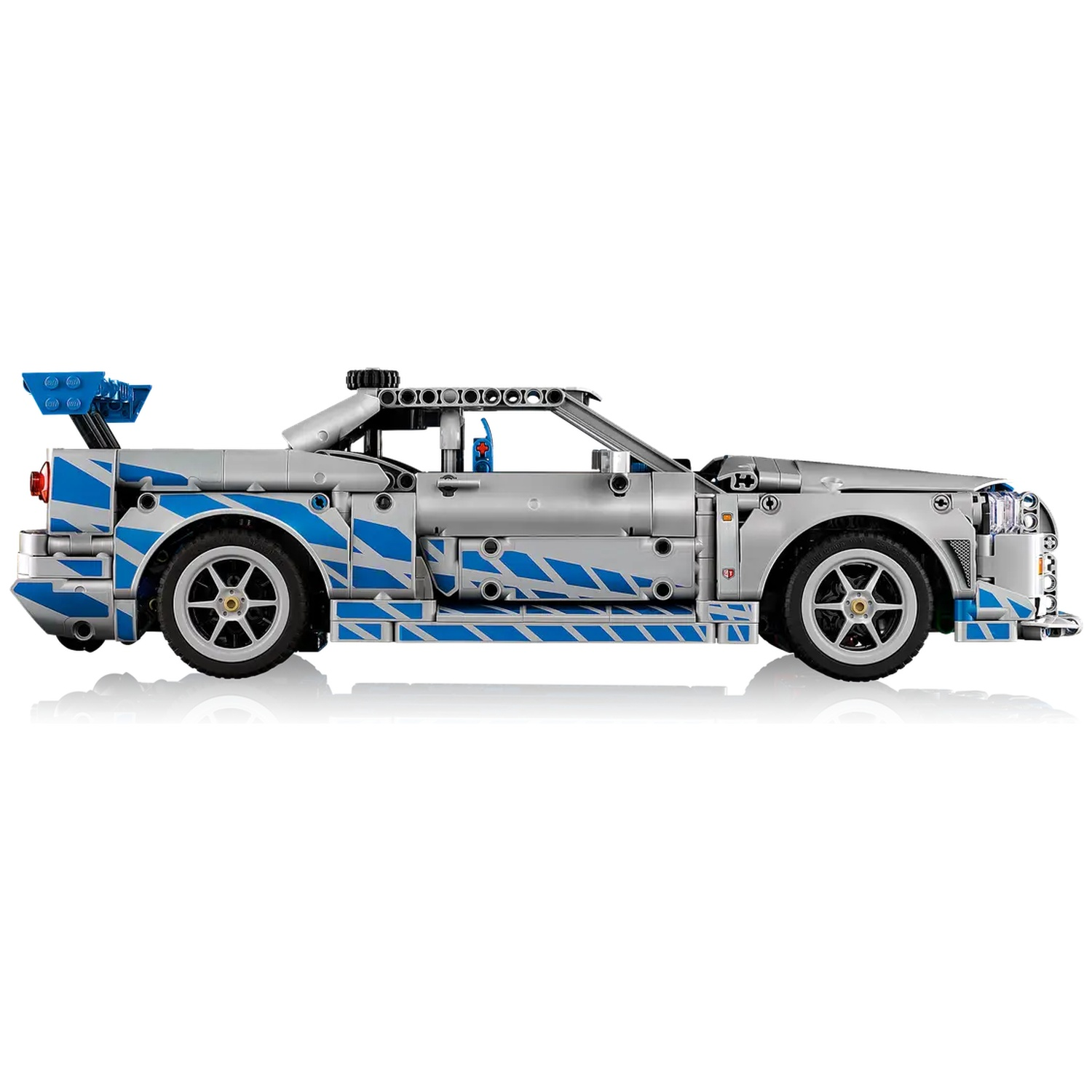 A silver and blue Lego car with a spoiler, wheels, and detailed design. It is a side view on a white background.