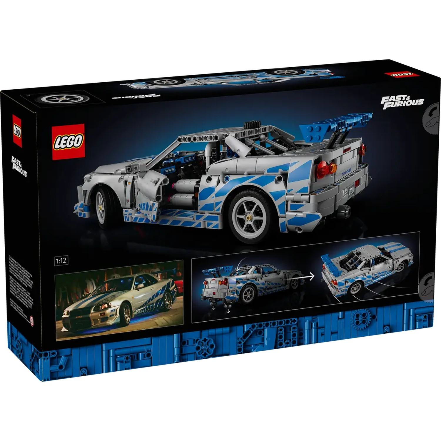 A Lego box set. The box displays a model of a silver and blue car from Fast & Furious. The Lego logo is visible.