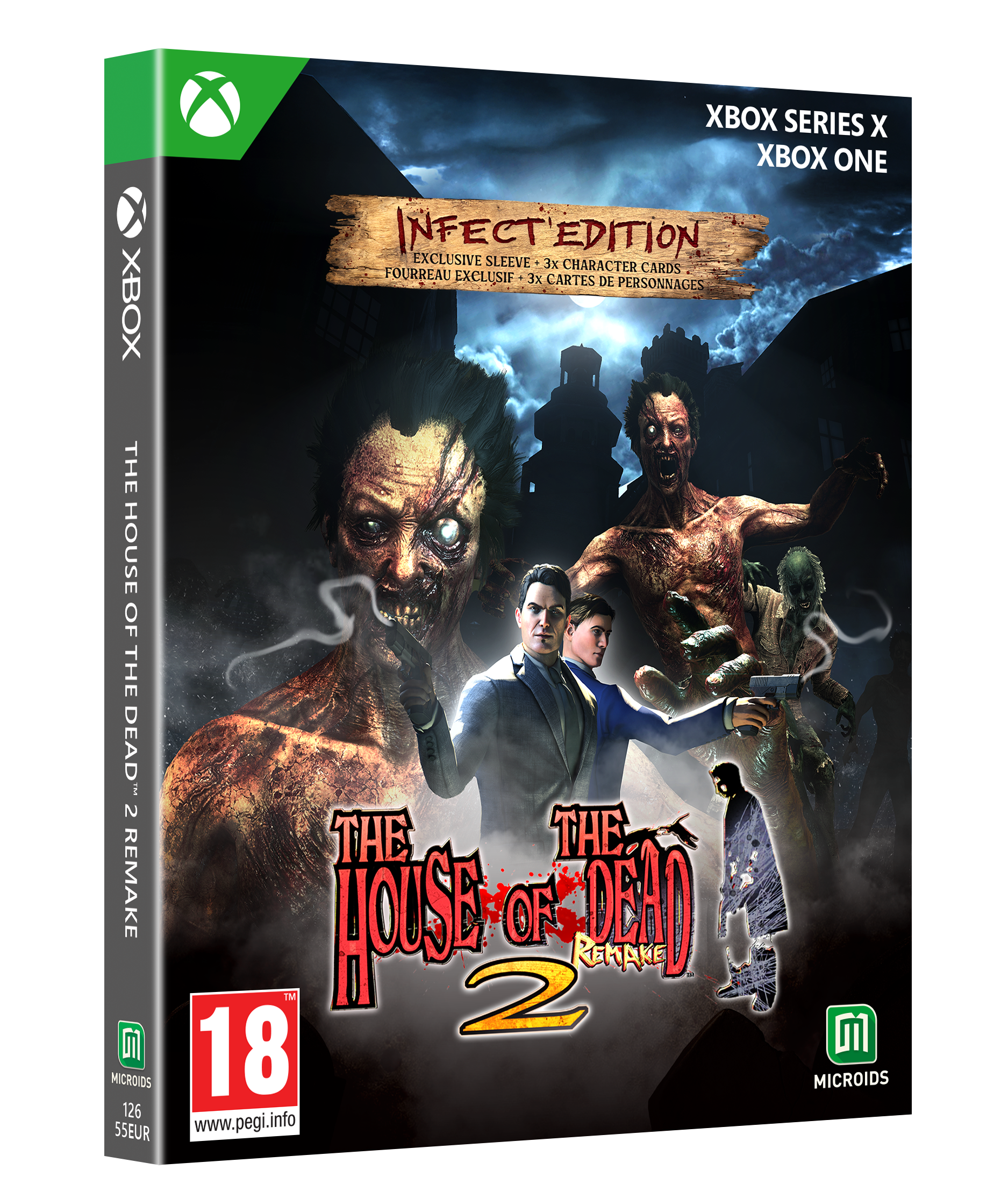 Arte de la caja del juego The House of the Dead 2 Remake. Presenta zombis, dos hombres con armas y el título.