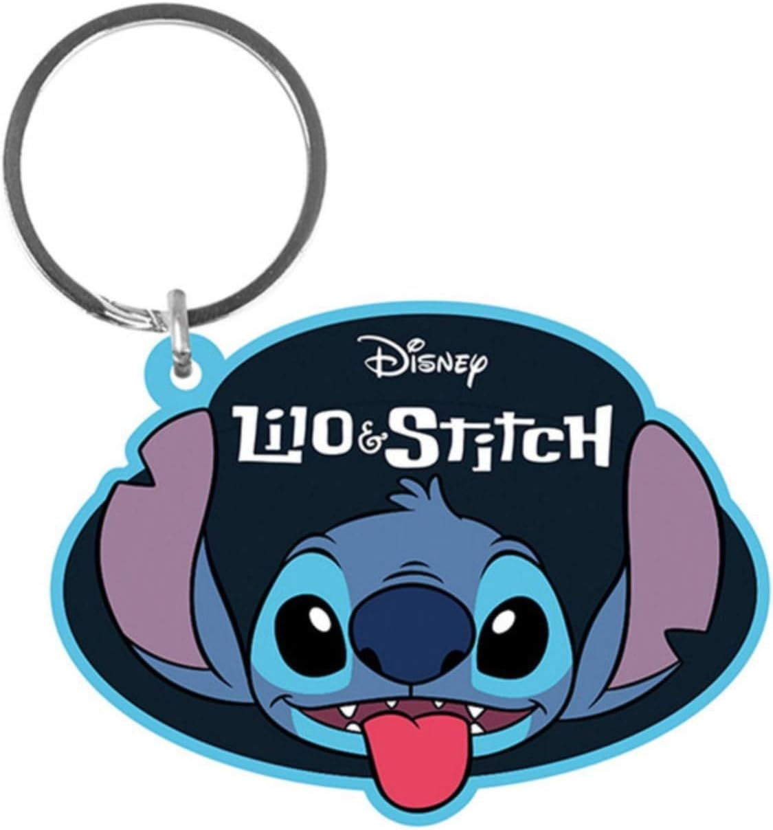 Llavero con Stitch de Lilo & Stitch. Stitch tiene pelaje azul, ojos negros grandes y una lengua roja. El fondo es azul oscuro.