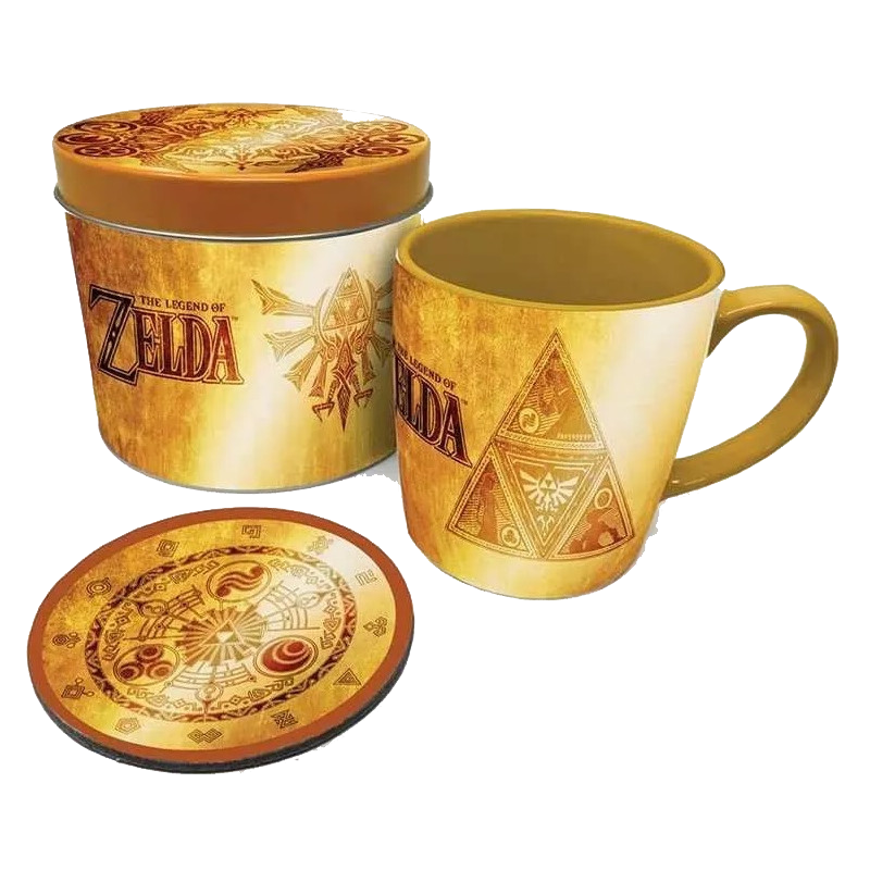 El conjunto temático de The Legend of Zelda incluye una taza, un posavasos y una lata, todos con diseños y colores similares.
