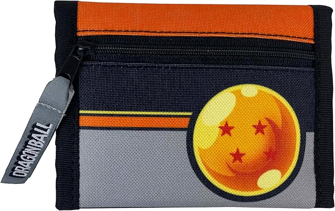 Una cartera de Dragon Ball. La cartera es negra, gris y naranja. Tiene una cremallera y una bola de Dragón con tres estrellas.