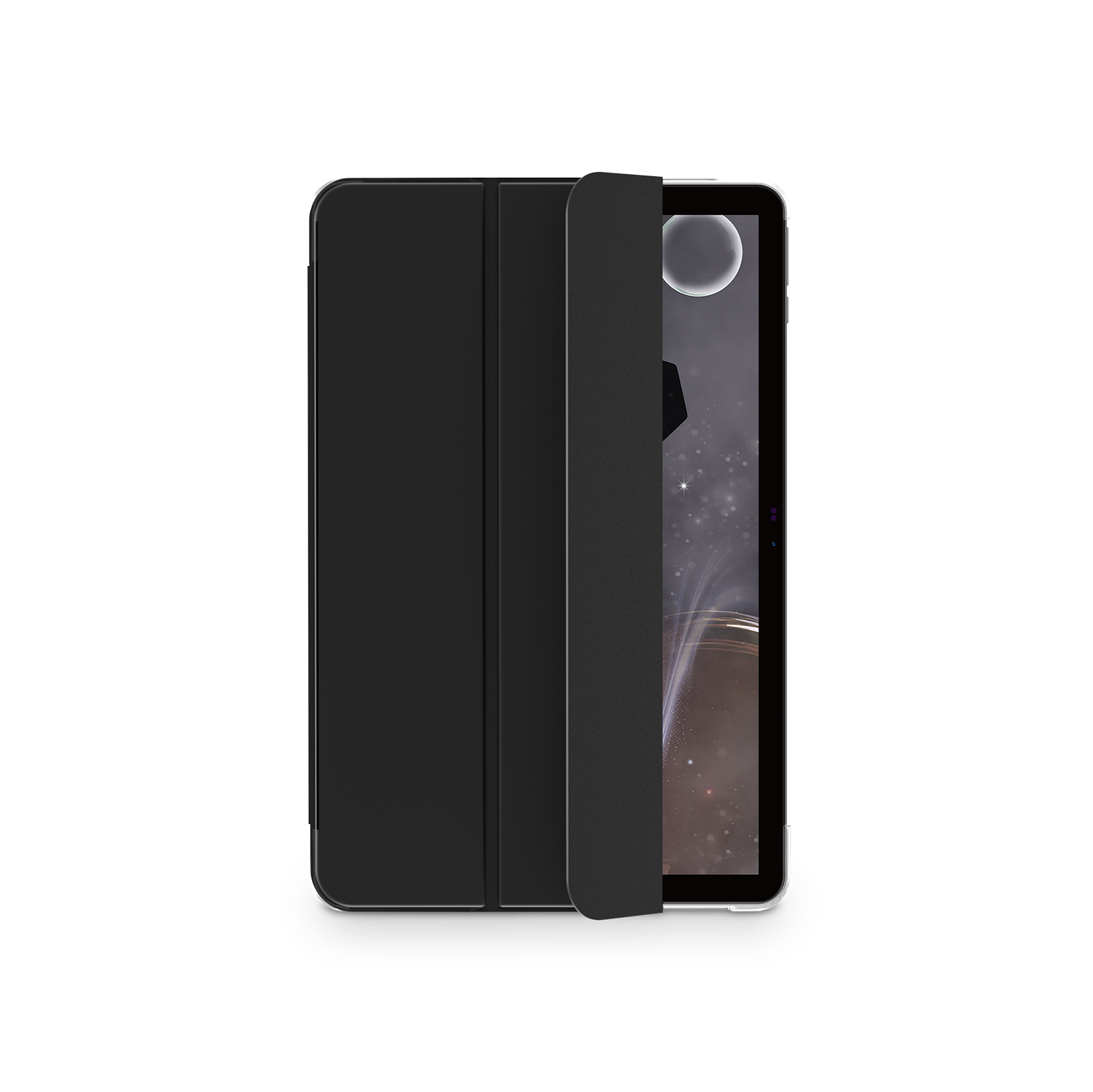 Una tableta negra con funda. La pantalla muestra una escena espacial con un planeta y estrellas.