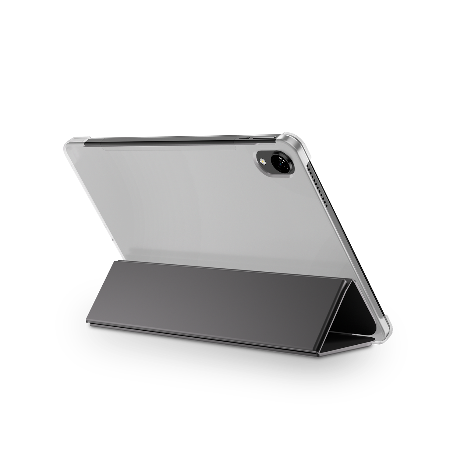 Una tableta plateada con una funda negra se muestra en ángulo, mostrando la cámara y el altavoz. La funda está doblada.