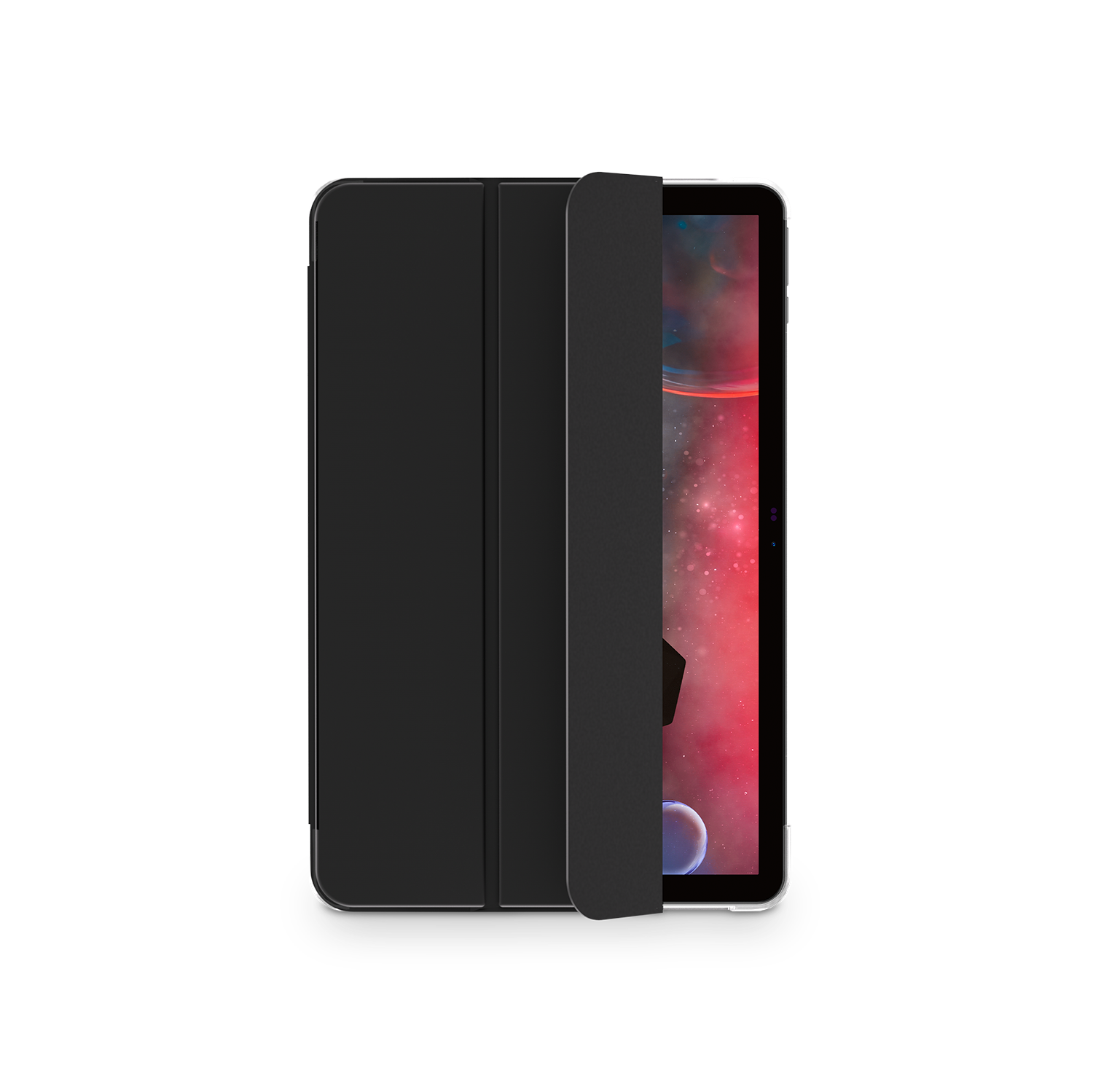 Una tableta negra con una funda abierta, que revela una pantalla con un fondo similar a una galaxia. La funda también es negra.