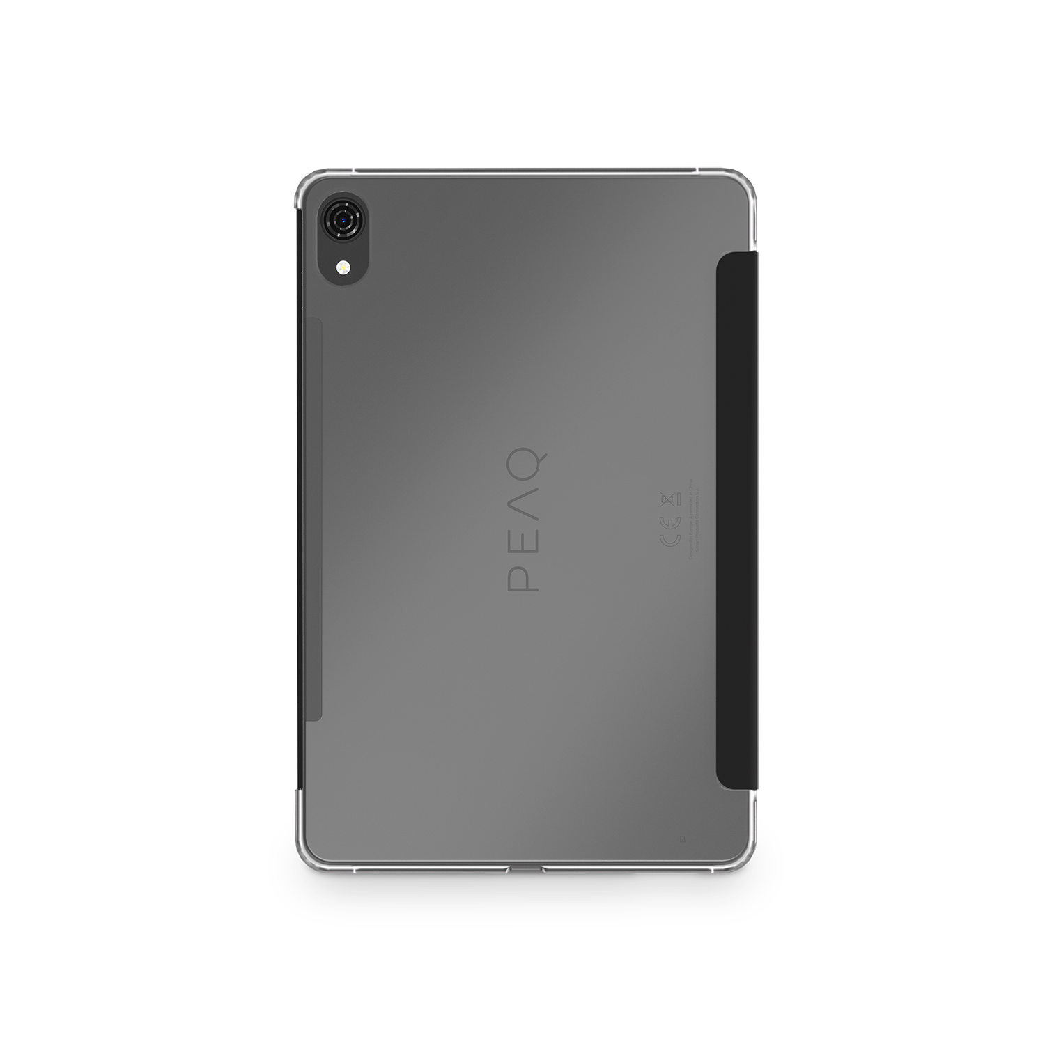 Una tableta gris con la marca PEAQ visible en la parte trasera. Tiene una cámara y una funda negra adjunta.