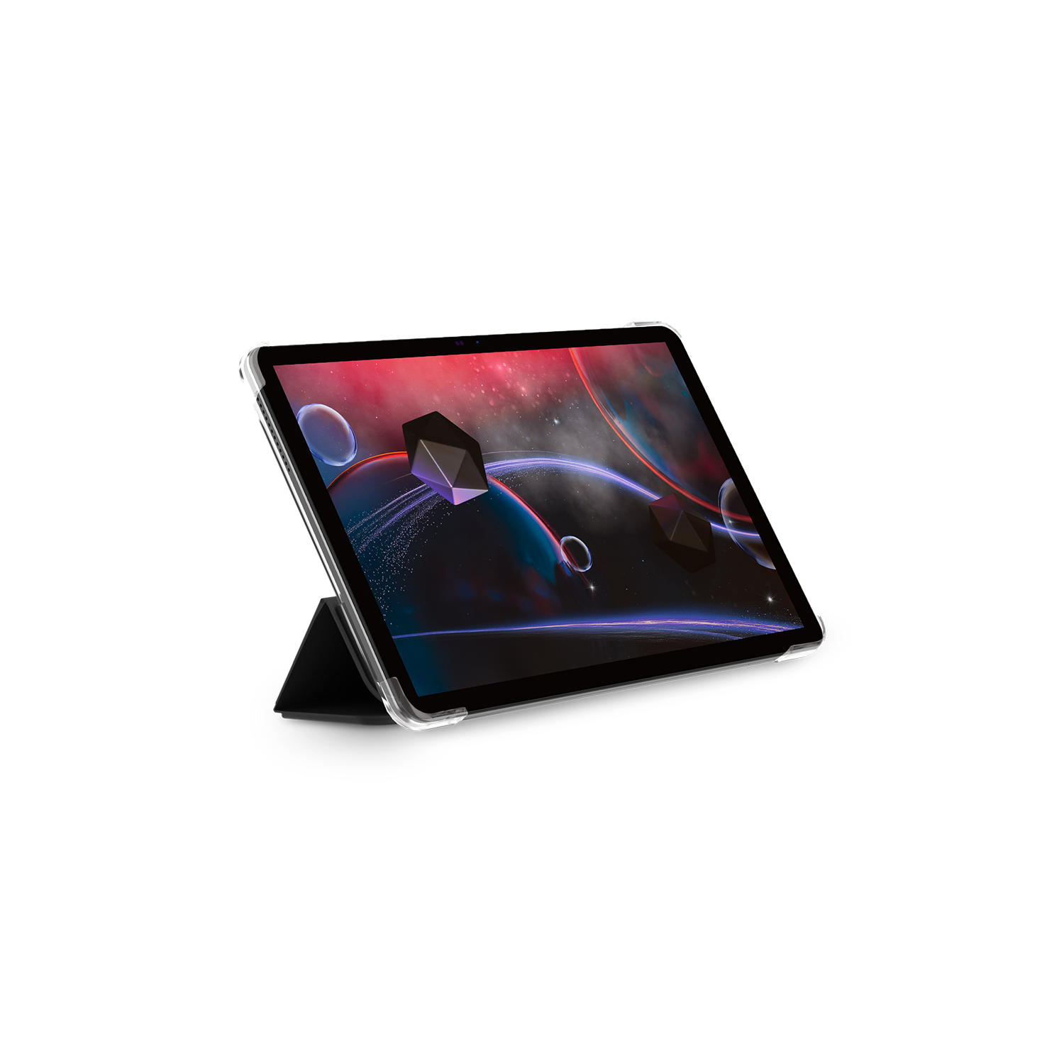 Tableta con escena espacial en pantalla. Funda negra con cubierta transparente. Soporte negro. Fondo blanco.