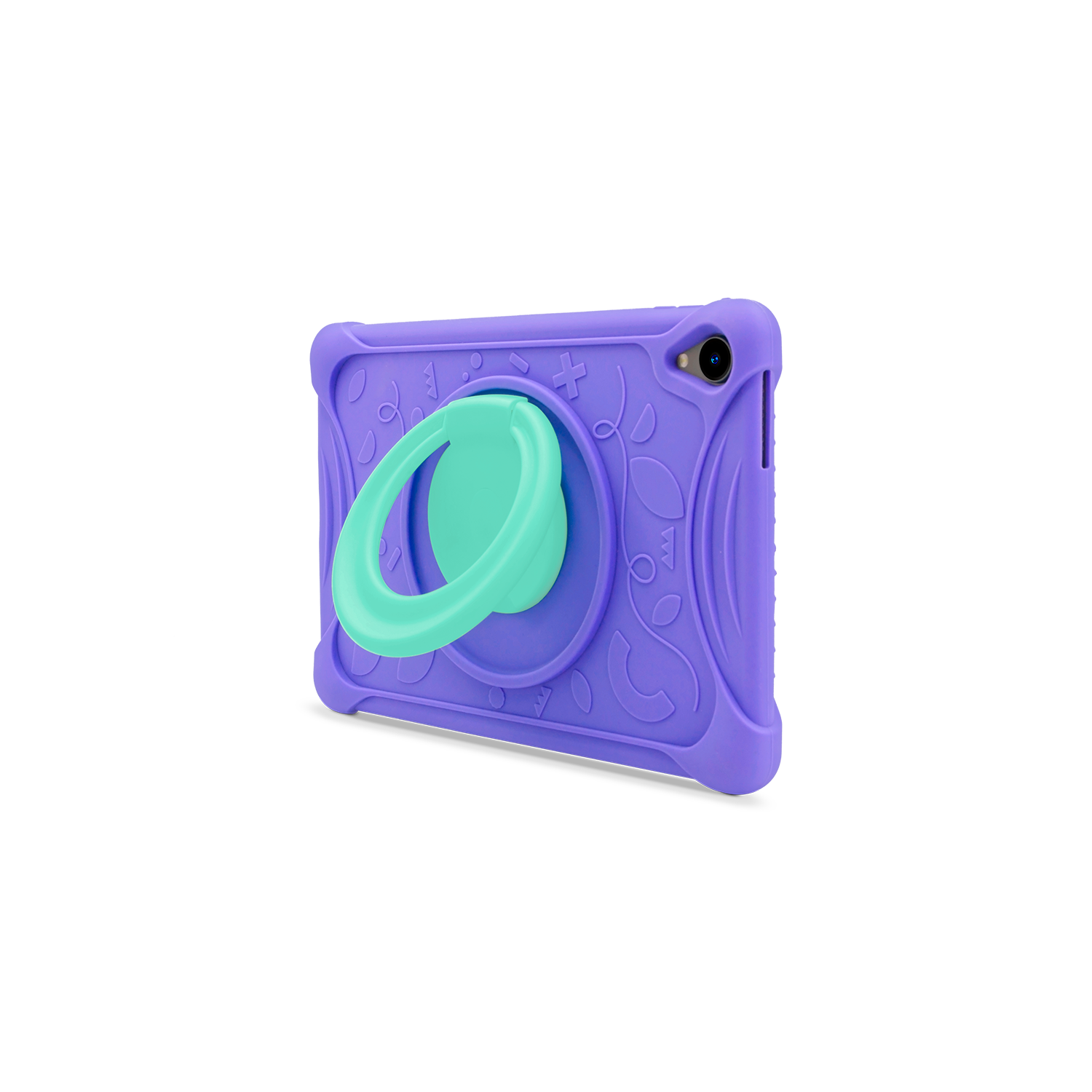 Una funda morada para tableta con un soporte de anillo verde menta. La funda tiene diseños de hojas y cruces. La lente de la cámara es visible.